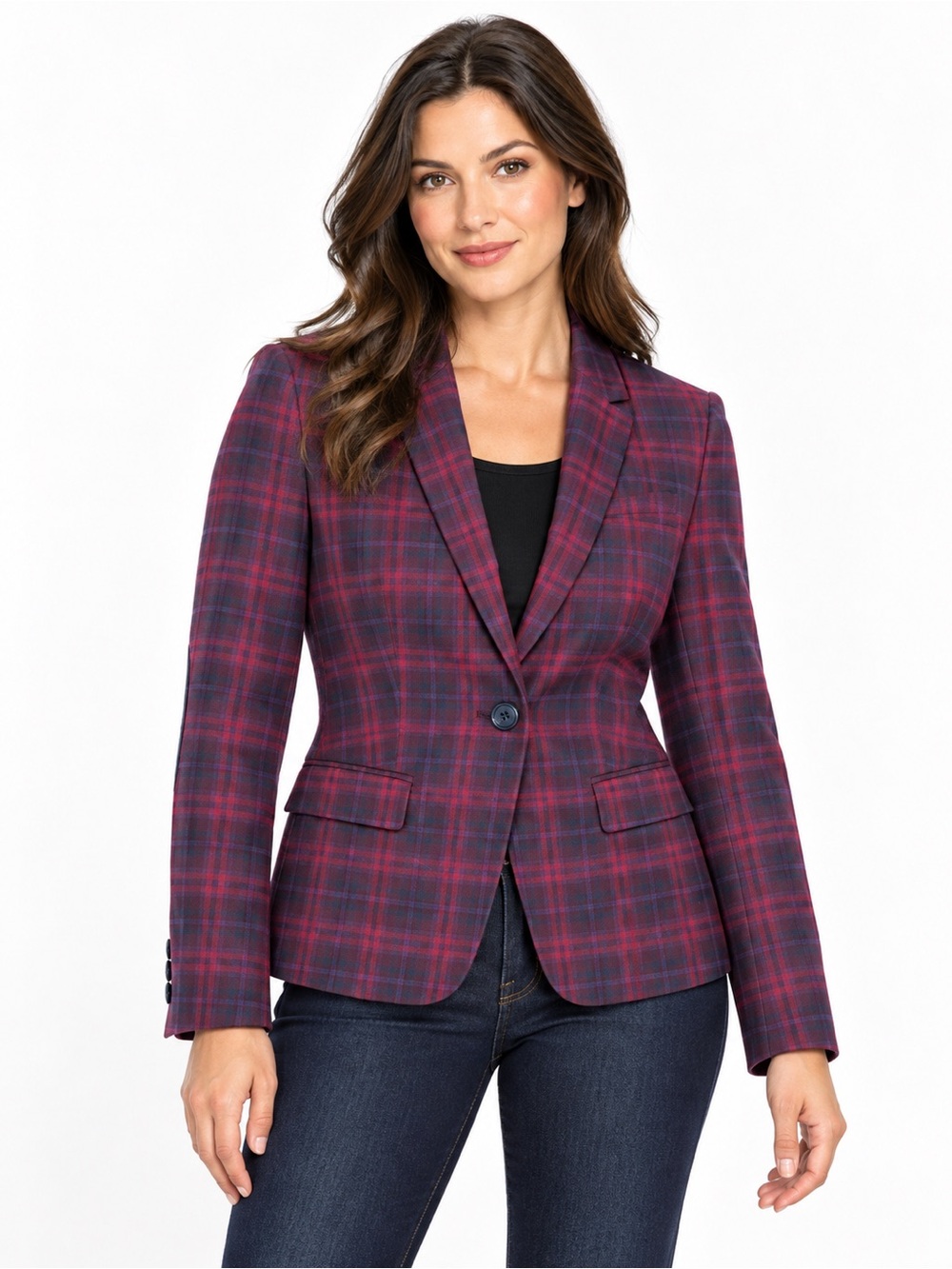 Tommy Hilfiger Plaid Blazer with Navy Elbow Patches – Women’s Size 8